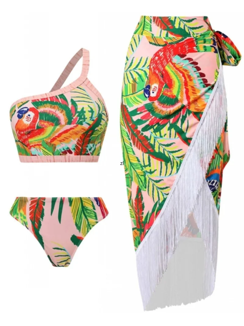 3 Piece Sets Beach Swimsuit Cover-up 2023 Summer Women Clothes Tops And Tassels Skirt Fitness Skinny Outfit Three Piece Suit