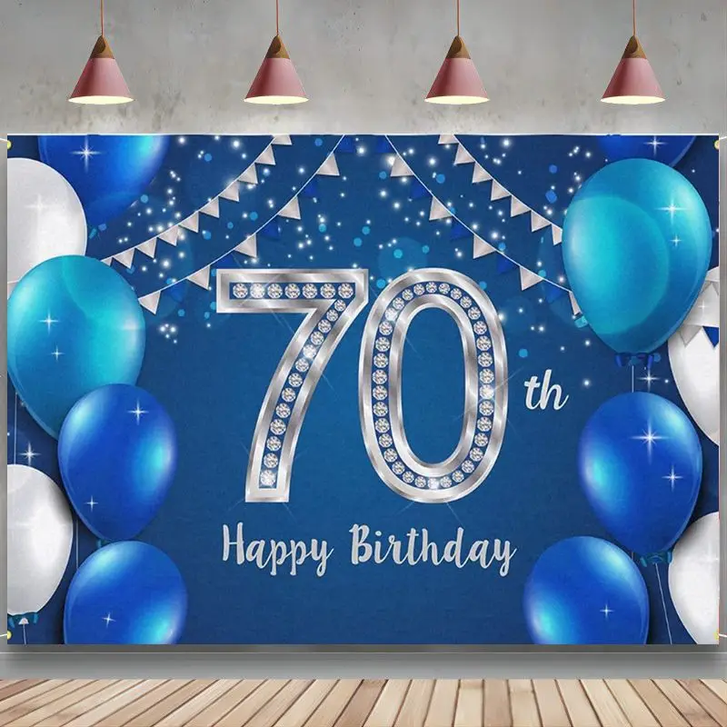

Фотофон с надписью на день рождения 70 лет фотообои для женщин мужчин Синий Серебряный фон