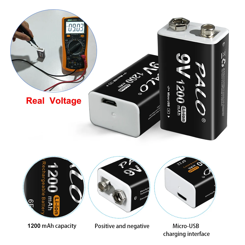Аккумуляторная батарея PALO 6F22 1200 мАч крона 9 В зарядка через USB литий-ионные
