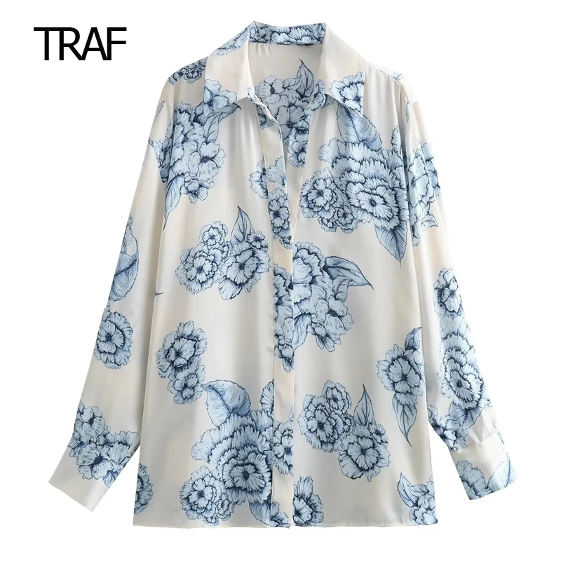 

TRAF Blouses For Women 2023 Autumn Satin Print Blouse Lapel Collar Long Sleeve Button-Up Front Loose Blouse Casual Party Blouse
