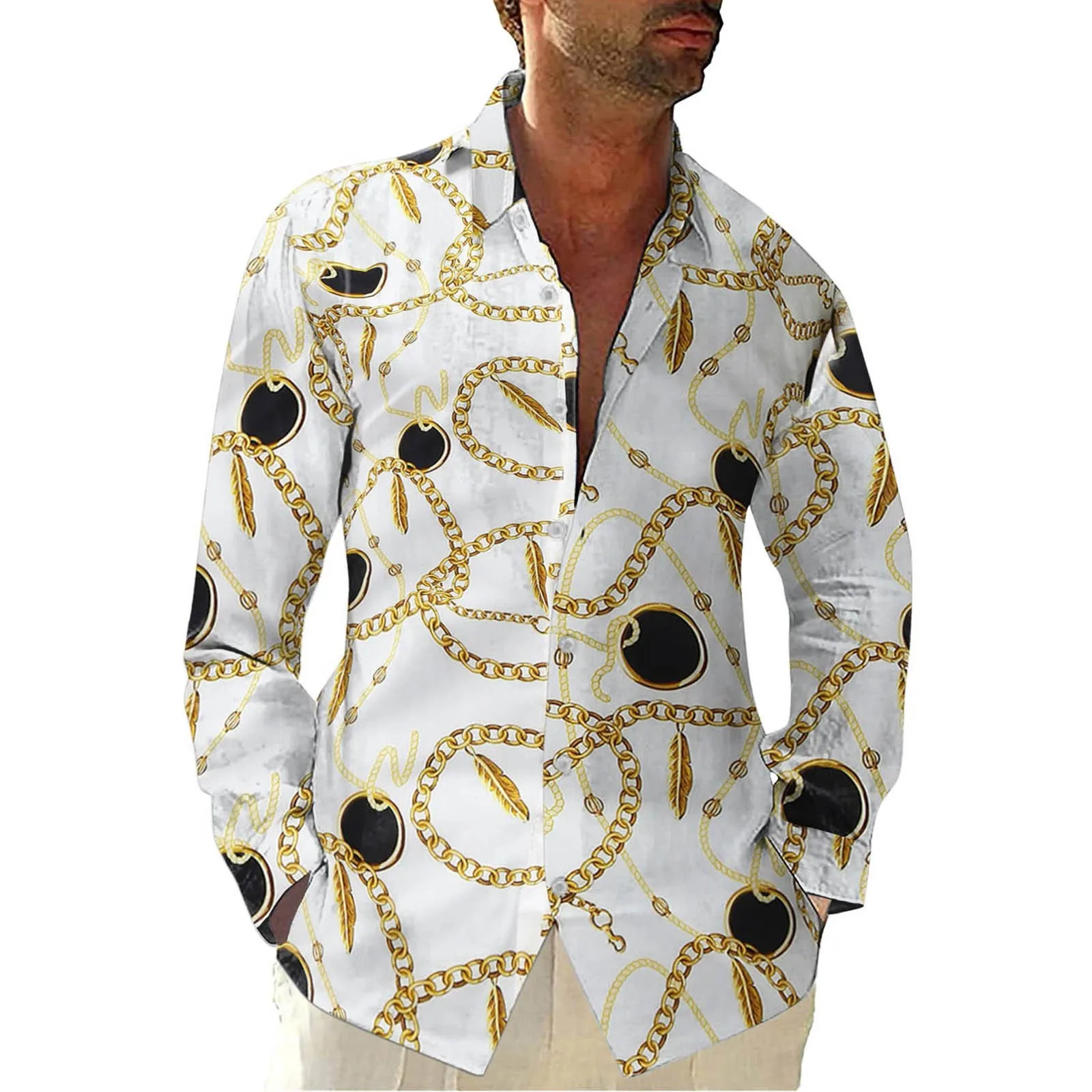 

Men's Printed Casual Lapel Loose Large SIze Long Sleeved Shirt Dress Shirts Men