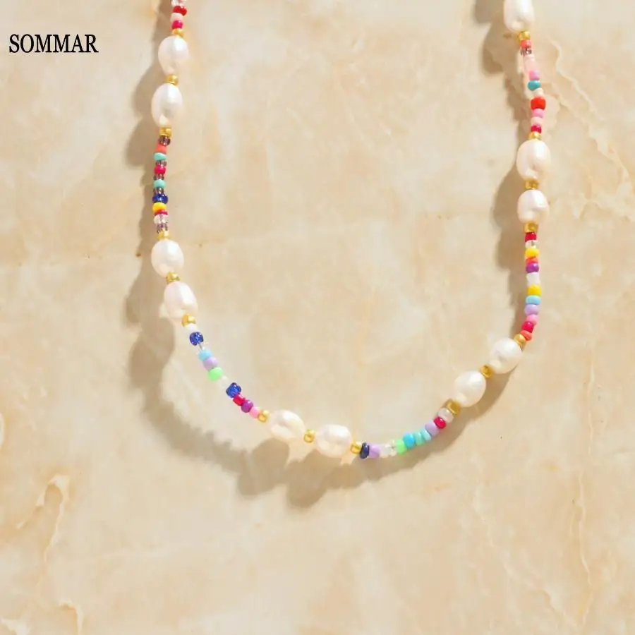 SOMMAR Trendy Gold color necklaces for women stained glass beads freshwater pearl stitching multi-layer necklaces diy