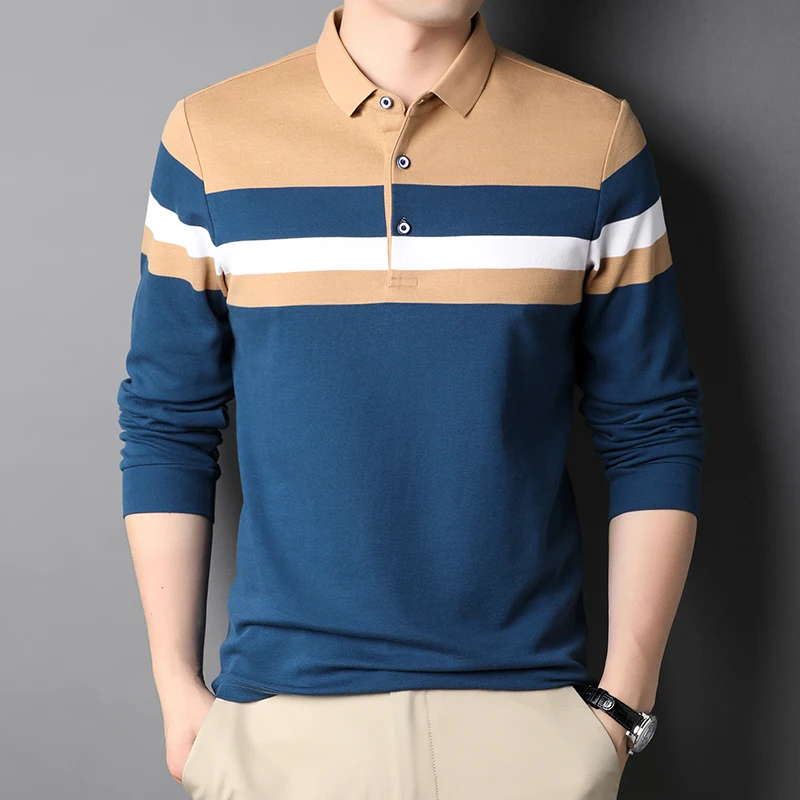 

Contrast color Mens Polo Shirts 100%Cotton Casual Korean Long Sleeve Lapel High End Slim Fit Fashion Spring Autumn Soft Classic