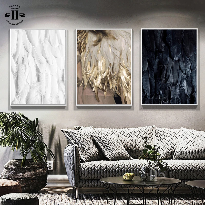 

Abstract Canvas Print Painting Poster Black White Golden Feather Wall Pictures Art Modern Nordic Living Room Home Decoration