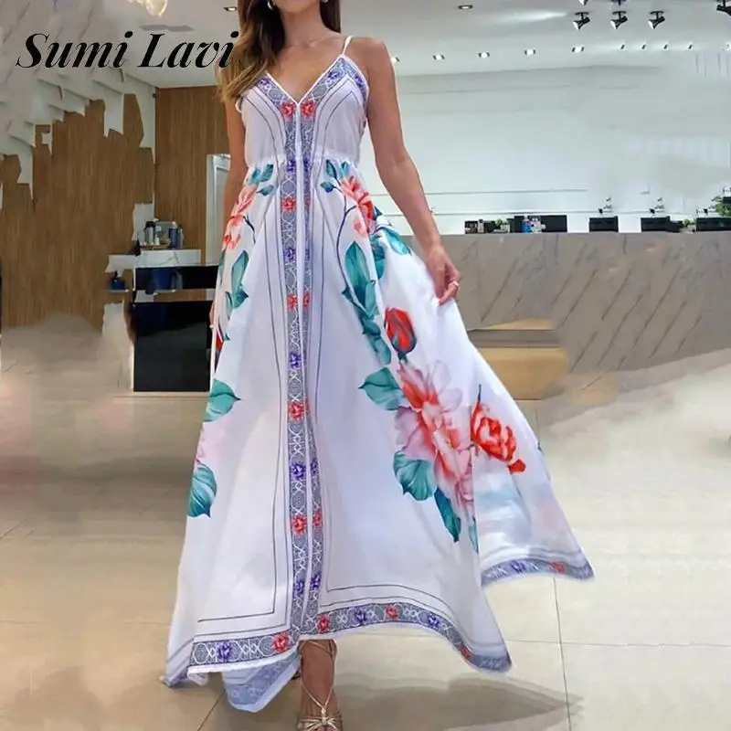 

Женское длинное платье на бретельках, повседневное асимметричное пляжное платье с V-образным вырезом и широким подолом, с принтом и открытой спиной, в богемном стиле, на лето