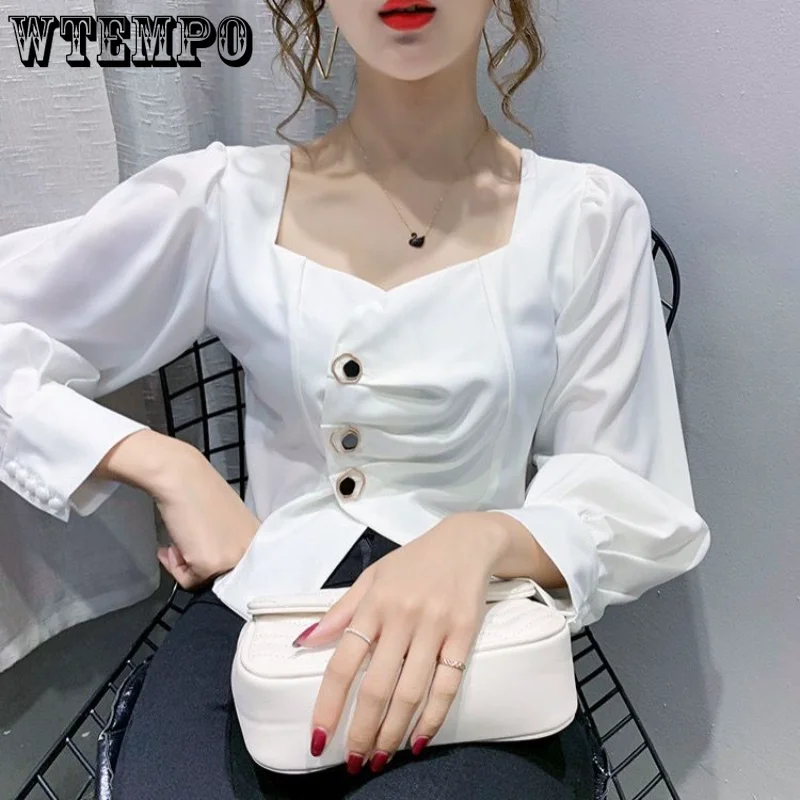 

Irregular Chiffon Shirt Square Neck Lantern Sleeve Women Blouse Slim Sweet High Waisted Fold Design Office Lady Korean Fashion