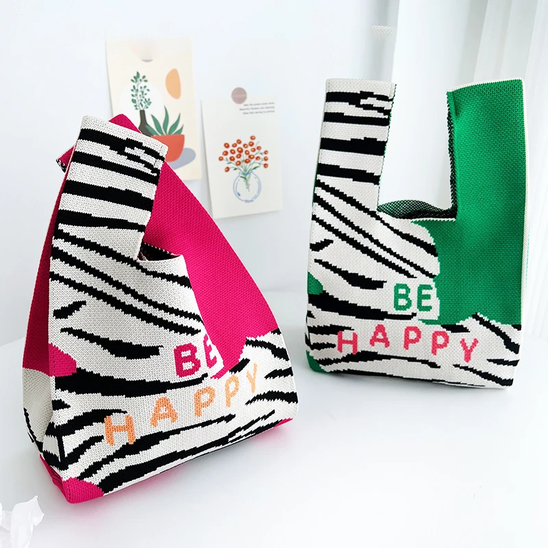 

Japanese Zebra Striped Handbag Multi Color Knitted Bag Korean Textured Knitted Handheld Vest Bag Student Portable Shopping Bag
