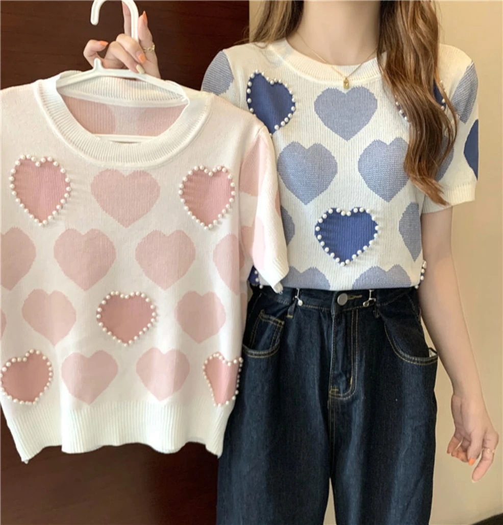 

Модная летняя одежда для девушек с любовным сердцем, красивые тонкие тканевые женские футболки, Вязаная футболка с коротким рукавом, эласти...