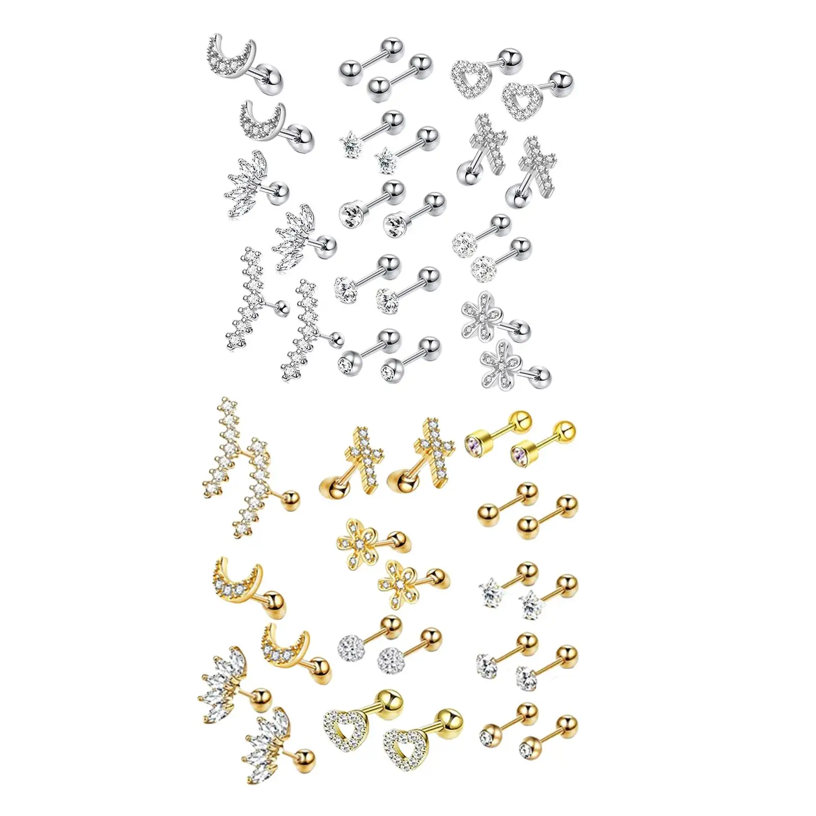 

24 Pieces Stud Earrings Set Fashion Disc Ball Flat Back Cubic Zirconia Gifts Heart Tiny for Women Girls