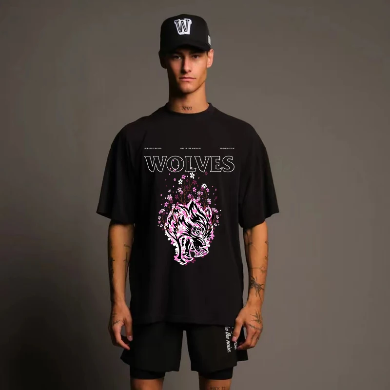 

Футболка DARC из чистого хлопка с фотографией, футболка с коротким рукавом для мужчин и женщин, футболка свободного покроя с принтом в виде розовых Сакуры и волков, топы с коротким рукавом