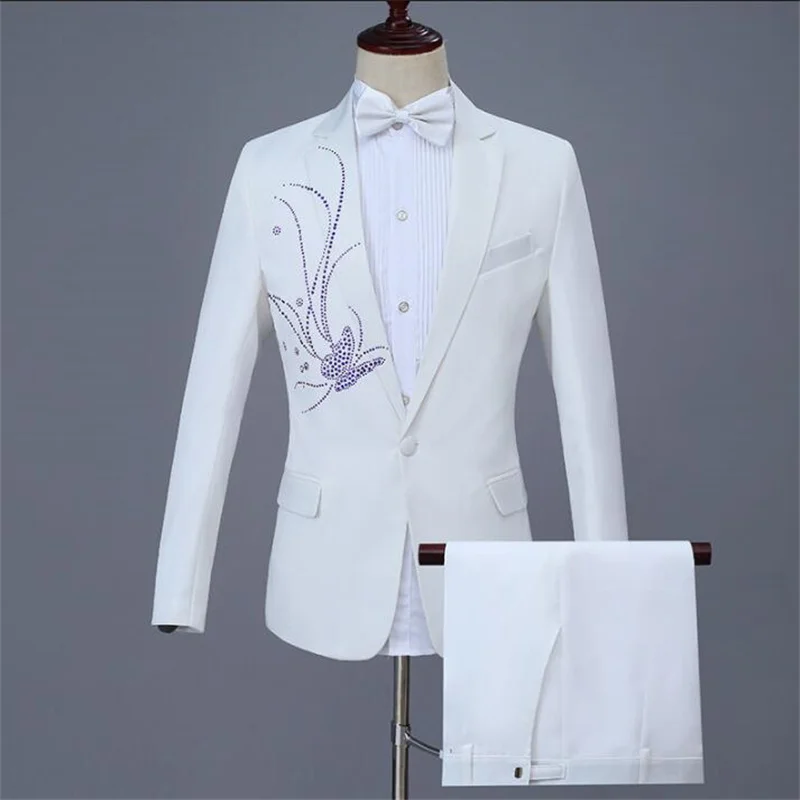 Bright Drill Blazer Men Suit Set With Pants Wedding Costume Singer Star Style Dance Stage Clothing Formal Dress