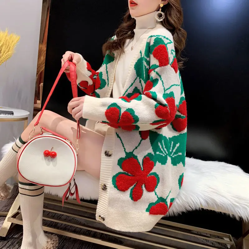 

Floral Flower Winter Autumn Women Sweaters Tie Dye V-Neck Long Loose Korean Jumpers Candy Oversized Jacket Female Tops Overcoat