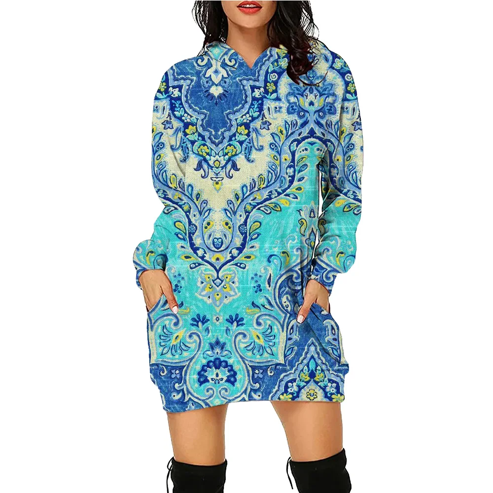 

Bohemian Vintage Printing Hoodie Dress Women Daily Workout Hoodies Long Sleeve Pullover Autumn Winter Loose Tees Traf Vestidos