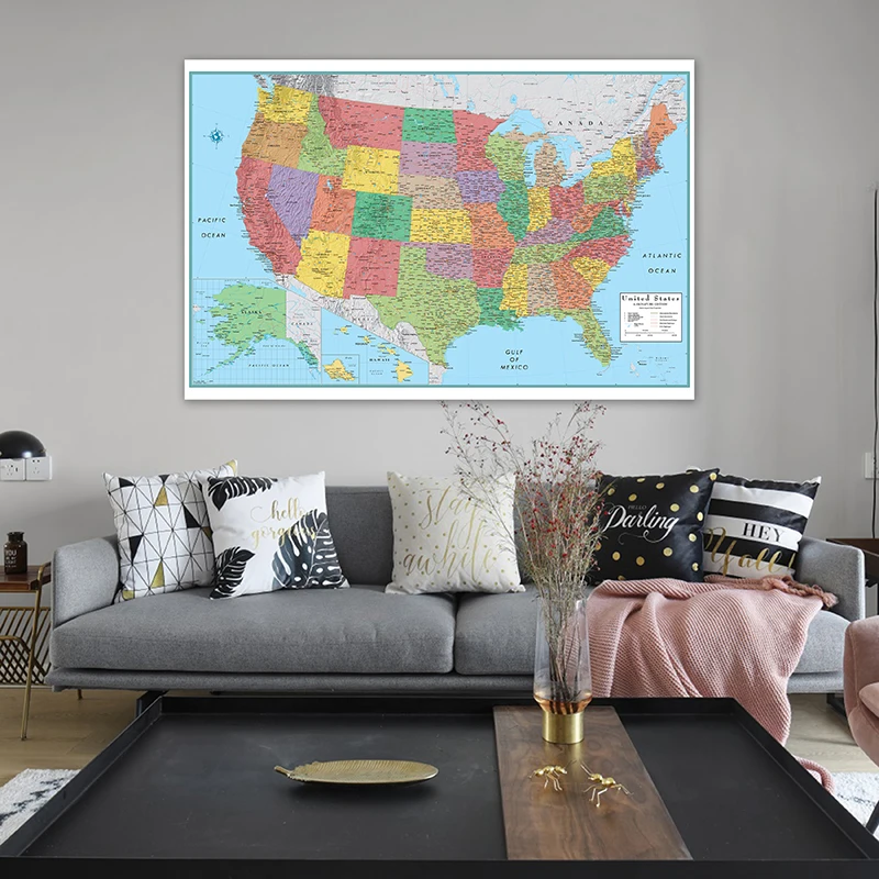 150*100cm The Administrative Map of USA Wall Decorative Canvas Painting Art Poster and Prints Classroom Supplies Room Home Decor