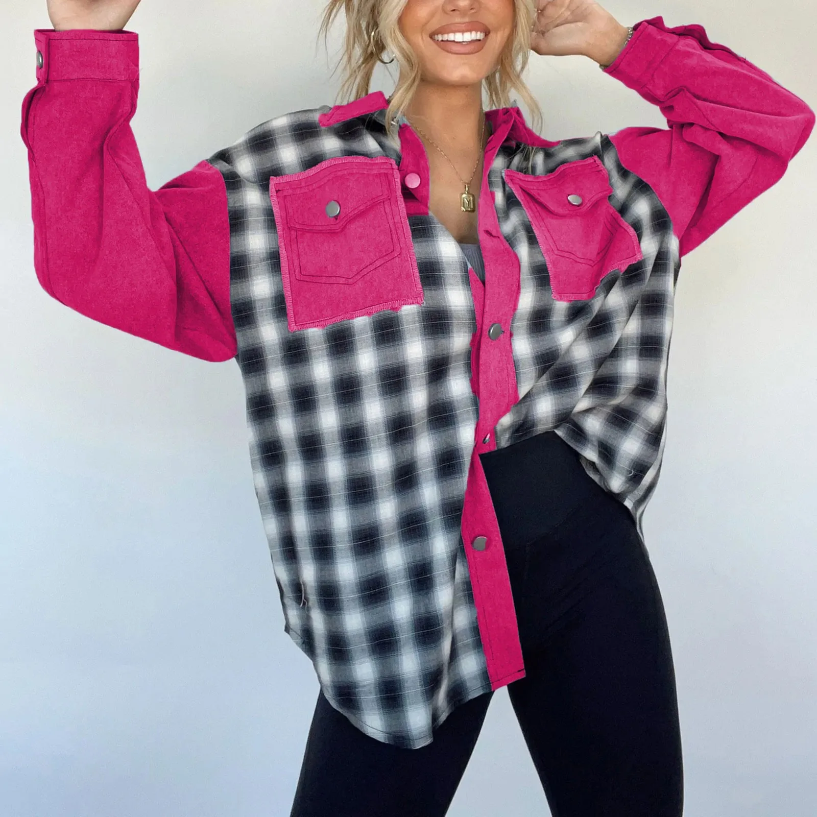 

Женская Повседневная однобортная куртка-рубашка с отложным воротником, Модная Джинсовая комбинированная клетчатая рубашка, куртка, тонкая клетчатая куртка с длинным рукавом