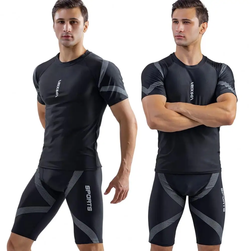 

2Pcs/Set O-Neck Short Sleeve Mid-rise Men Swimsuit Printing Slim Fit T-shirt Swimming Trucks Set Beachwear