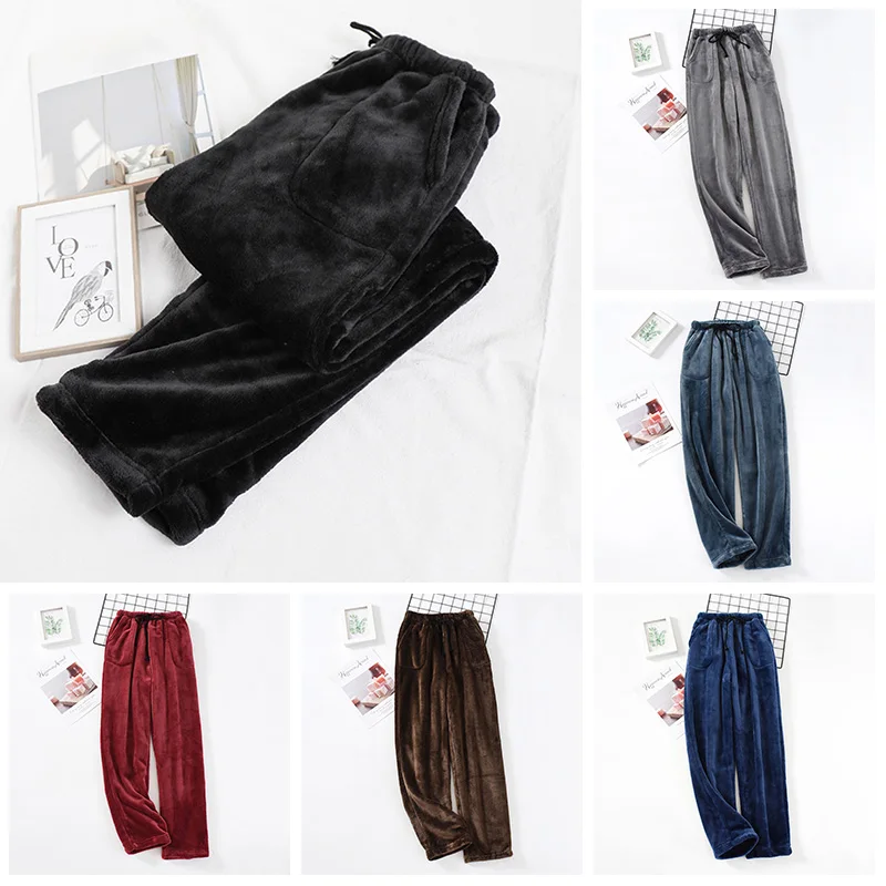 Men Winter Thick Flannel Sleeping Pants Casual Pocket Pajama High Waist Loose Plus Velvet Home Pants Coral Fleece Male Sleepwear