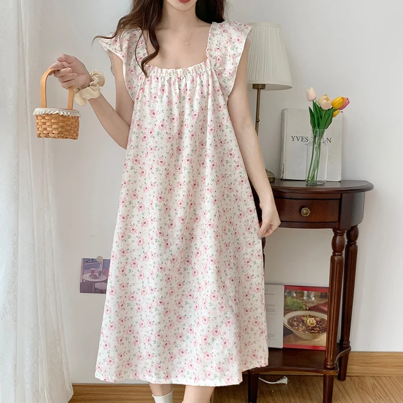 

M-5XL Large Size Sleeveless Women Nightgown Summer Square Collar Foam Floral Print Sweet Nightdress 100KG Female Home Sleepwear