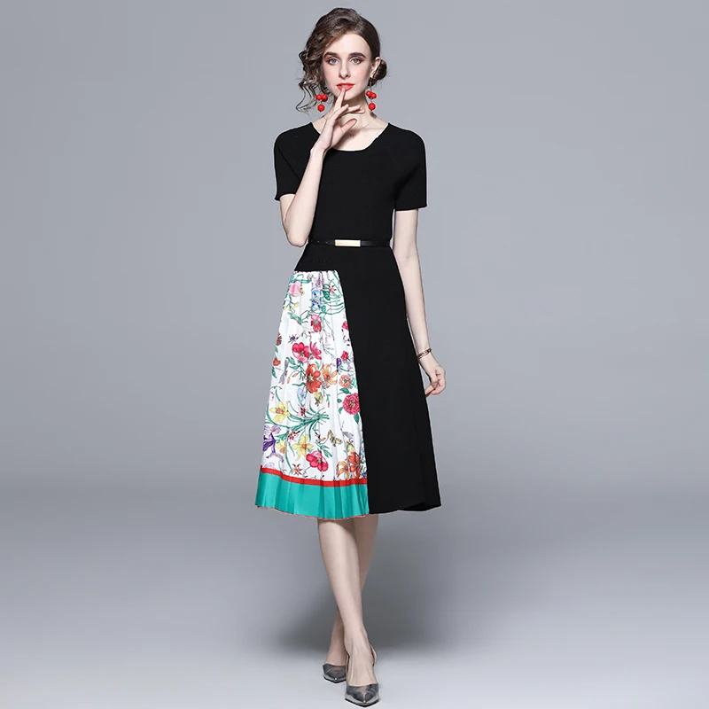 

Модное черное вязаное платье с прострочкой, Новинка весна-лето 2022, шикарная темпераментная юбка с имитацией двух частей и принтом