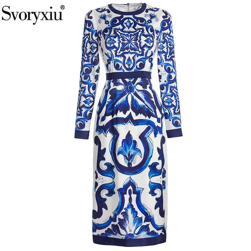 

Svoryxiu Fashion Designer Runway Dress Summer Women's Dress Long sleeve Classic Blue and white porcelain Print High Waist Dress