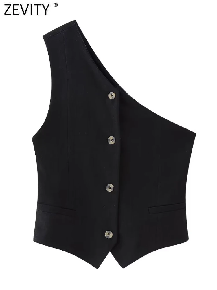 

Zevity Women Fashion Single Shoulder Breasted Buttons Asymmetrical Vest Jacket Office Ladies Business WaistCoat Crop Tops CT5159
