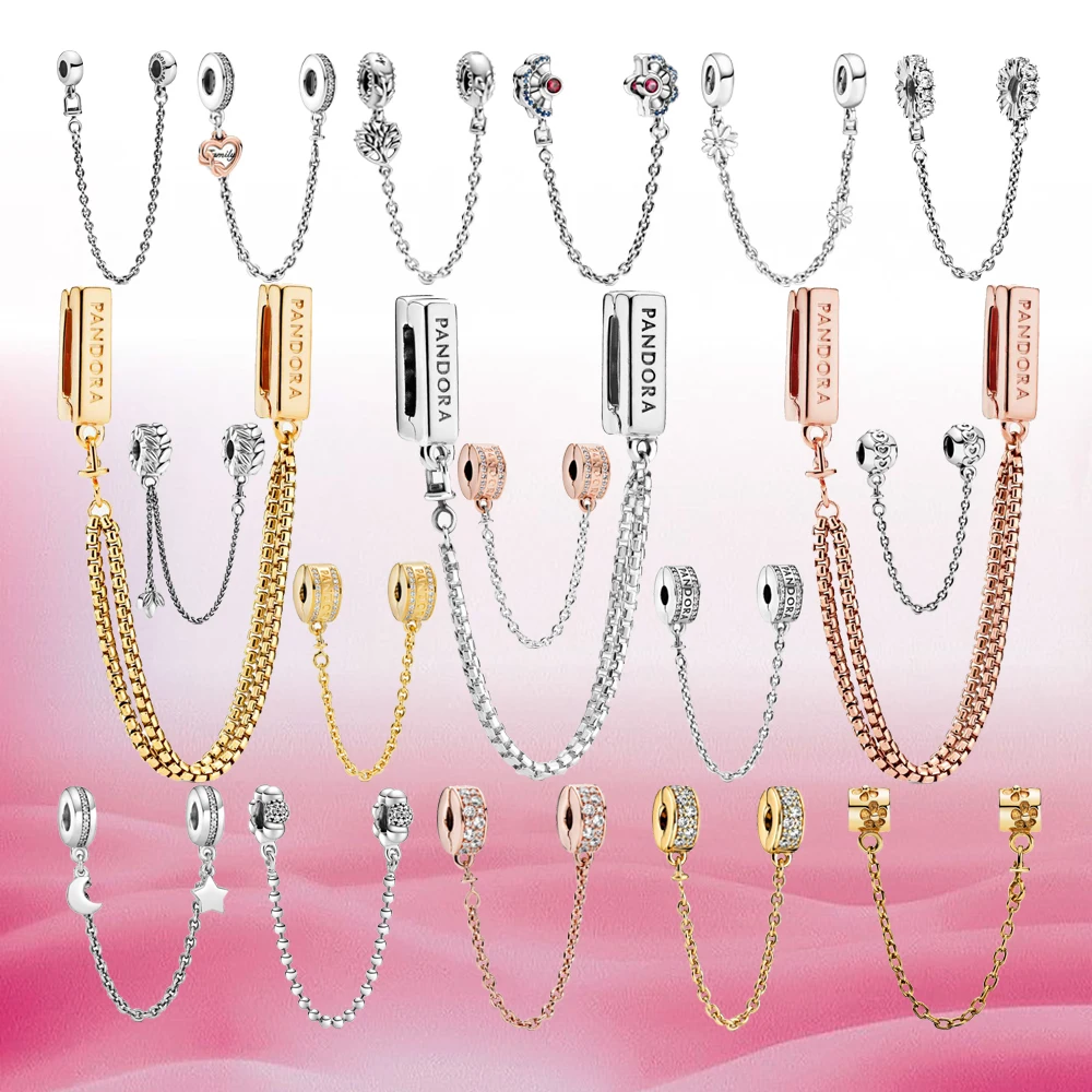 

925 Silver Safety Chain Charm Beads Fit Original Pandora Bracelet DIY Fixing Clip Heart Star Jewelry Gift For Women