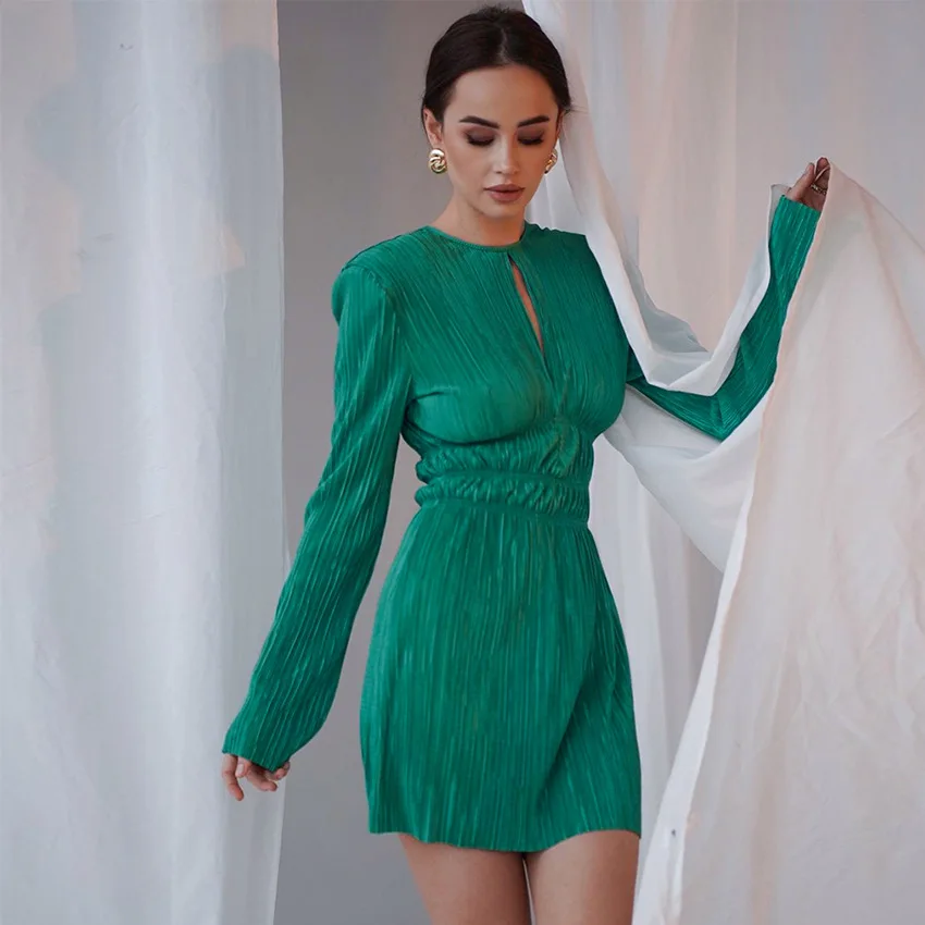 2023 Miyak Pleated High Waist Slim Mini Dress For Women Long Sleeve O-Neck Solid Fashion Black Green Chic Party Dresses Women