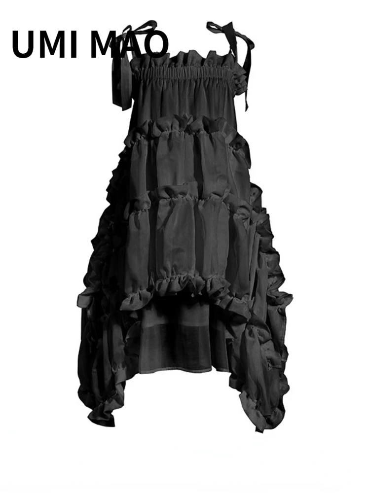 

UMI MAO Yamamoto Niche Dark Black Suspender 2021 Summer New Two Ways To Wear Simulation Silk Irregular Wrinkled Lace Dress Y2K