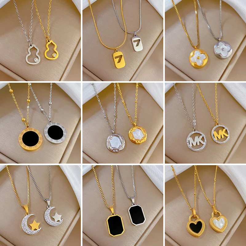 

Romantic Titanium Steel Square Golden Pendant Necklaces Accessories for Women Zircon Circle Jewelry Valentines Day Gift