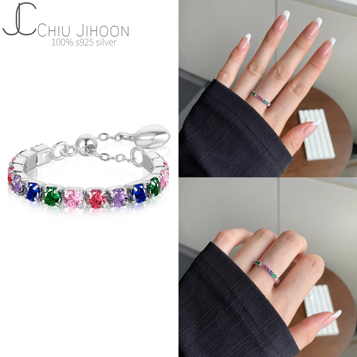 

S925 Sterling Silver Square Chain Colorful Zircon Geometric Rings Adjustable Rings Women Jewelry Engagement Gifts Wholesale
