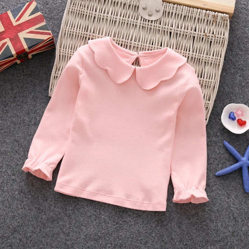 

Baby Girls Shirts Long Sleeve Peter Pan Collar Solid Tees Spring Autumn Cute Toddler Kids Pullover Bottoming Tops