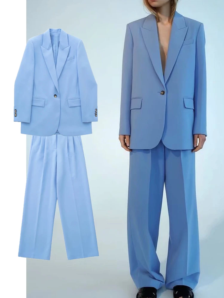 

2Pcs 2022 Spring Women Solid Blazer Suits Office Outfits Single Button Jacket+Wide Leg Pant Long Sleeve Notched Blazers