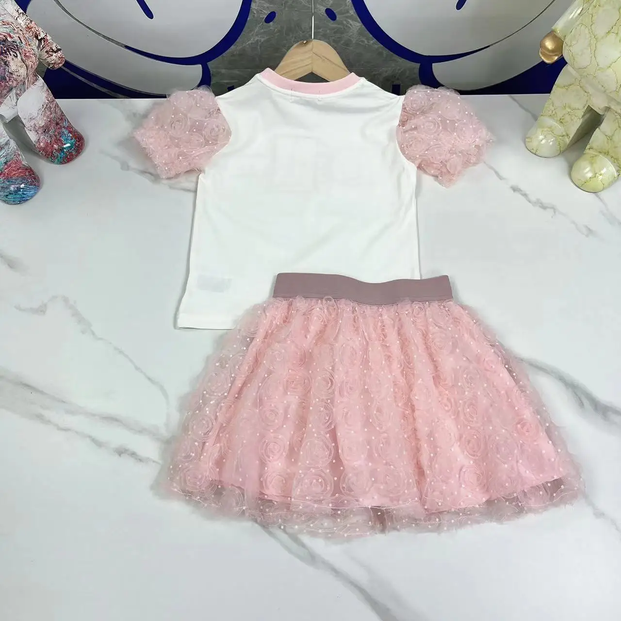 

Luxury Brand Baby Girls Sets Summer Designer Kids Clothes Floral Letter T-shirt Mesh Skirt 2 Piece Set Children's Clothing Girl