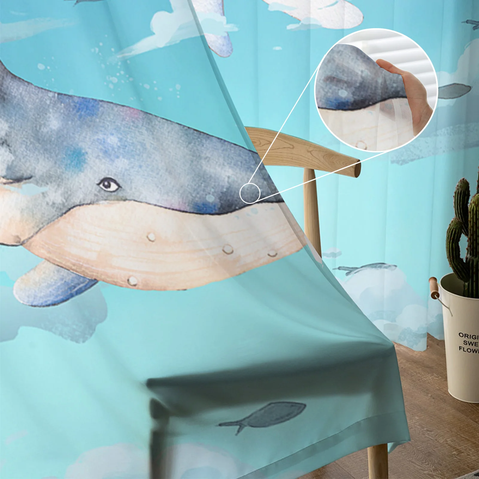 Прозрачные шторы с рисунком Кита рыбы облака неба акварельные для гостиной