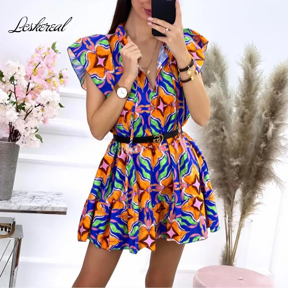 

Мини-платье женское с V-образным вырезом, коротким рукавом и оборками