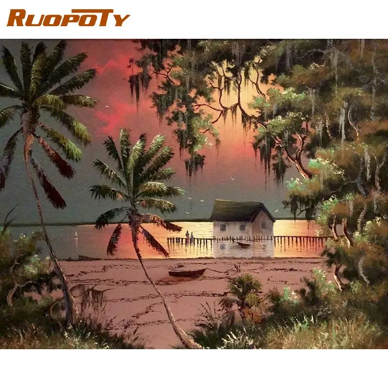 

RUOPOTY Painting By Numbers Seaside Sunset DIY Frame Pictures By Number Scenery Paint On Canvas Home Decoration 40x50cm