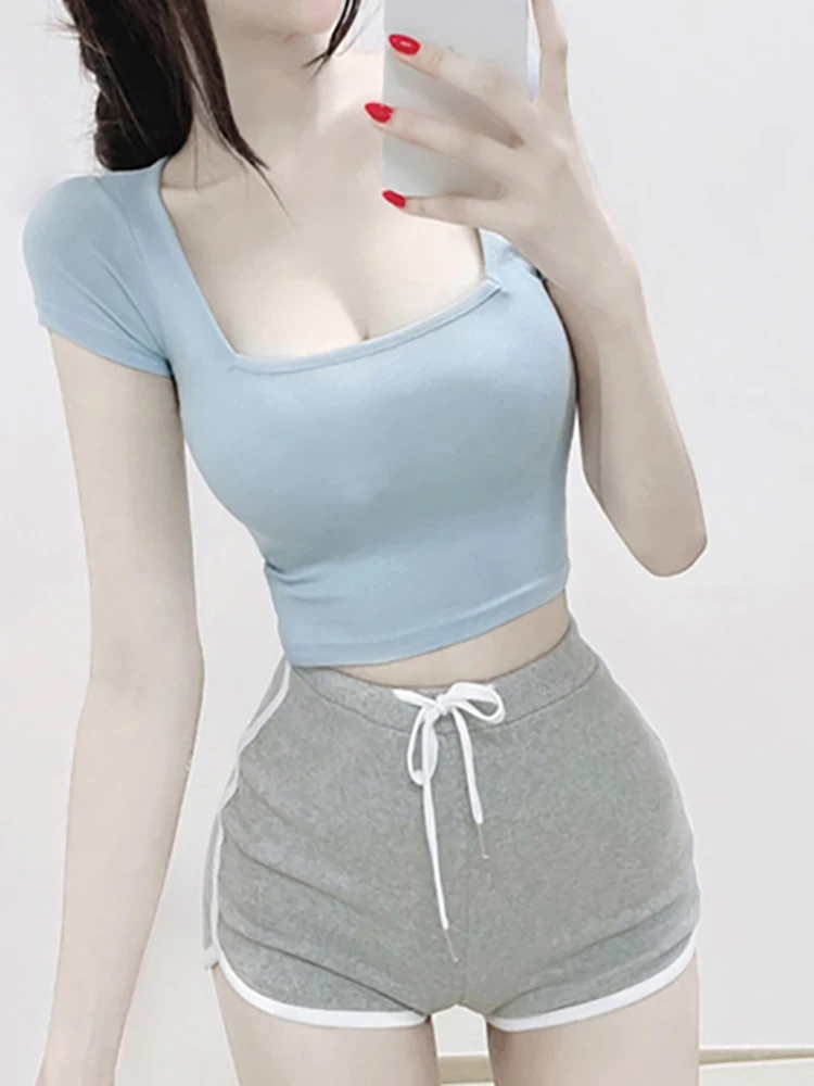 Укороченный топ хлопковые базовые футболки Женские однотонные с квадратным