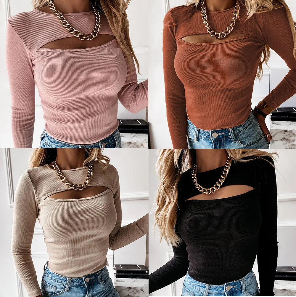 

2023 Sexy Chest Hollow Long Sleeve Ribbed Top for Women's Fashion Sexy Chest Display