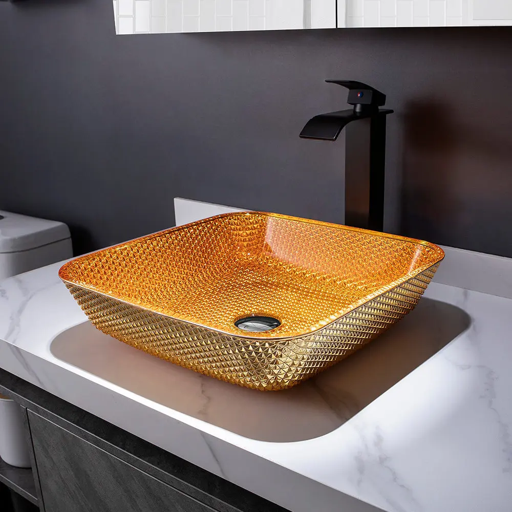 

Стеклянная раковина для ванной комнаты, квадратная раковина с гальваническим покрытием, раковина из золотого закаленного стекла для отеля,...