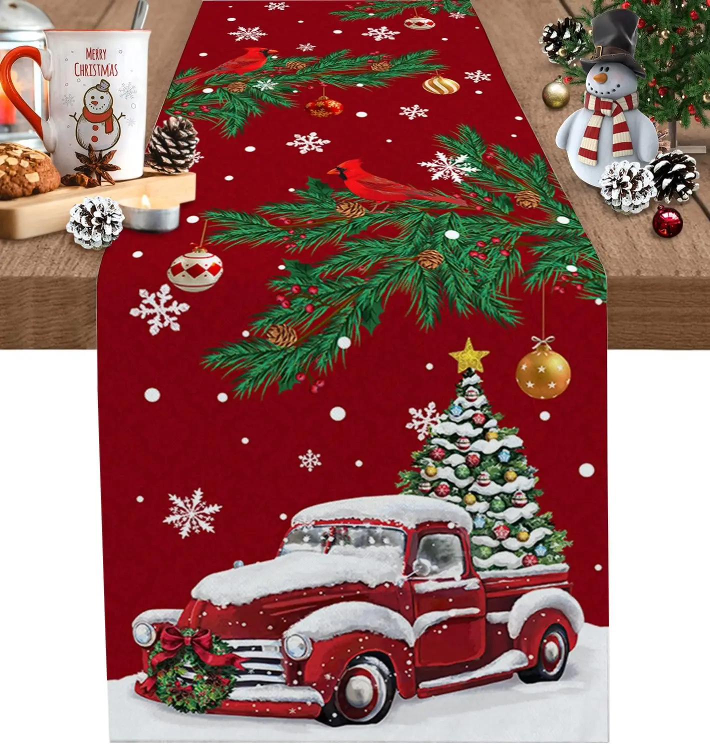 

Christmas Red Truck Cedar Linen Table Runners Holiday Party Decor Reusable Table Runners for Dining Table Navidad Decorations