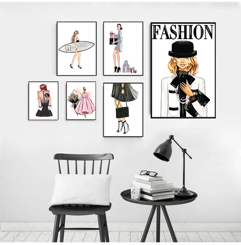 

Настенные картины на холсте в скандинавском стиле, настенные постеры и принты для гостиной, Декор, модное розовое дамское платье с цветами