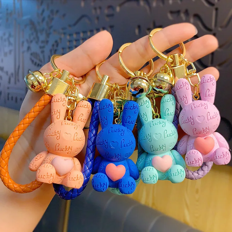 

Брелок для ключей с милым кроликом из смолы, украшение для сумки с подвесками в виде счастливого сердца, животного, однотонный, аксессуары для кроликов 4 цвета