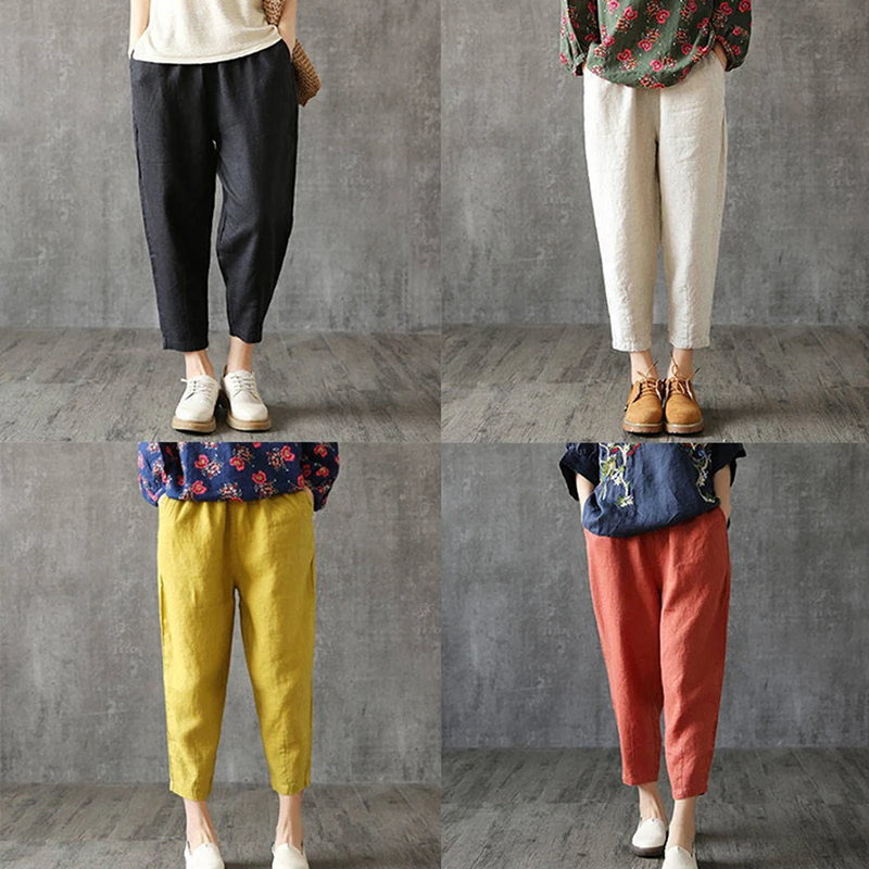 

Ladiess Spring Summer Pants Cotton Linen Solid Elastic Waist Candy Colors Harem Trousers Soft High Quality For Female
