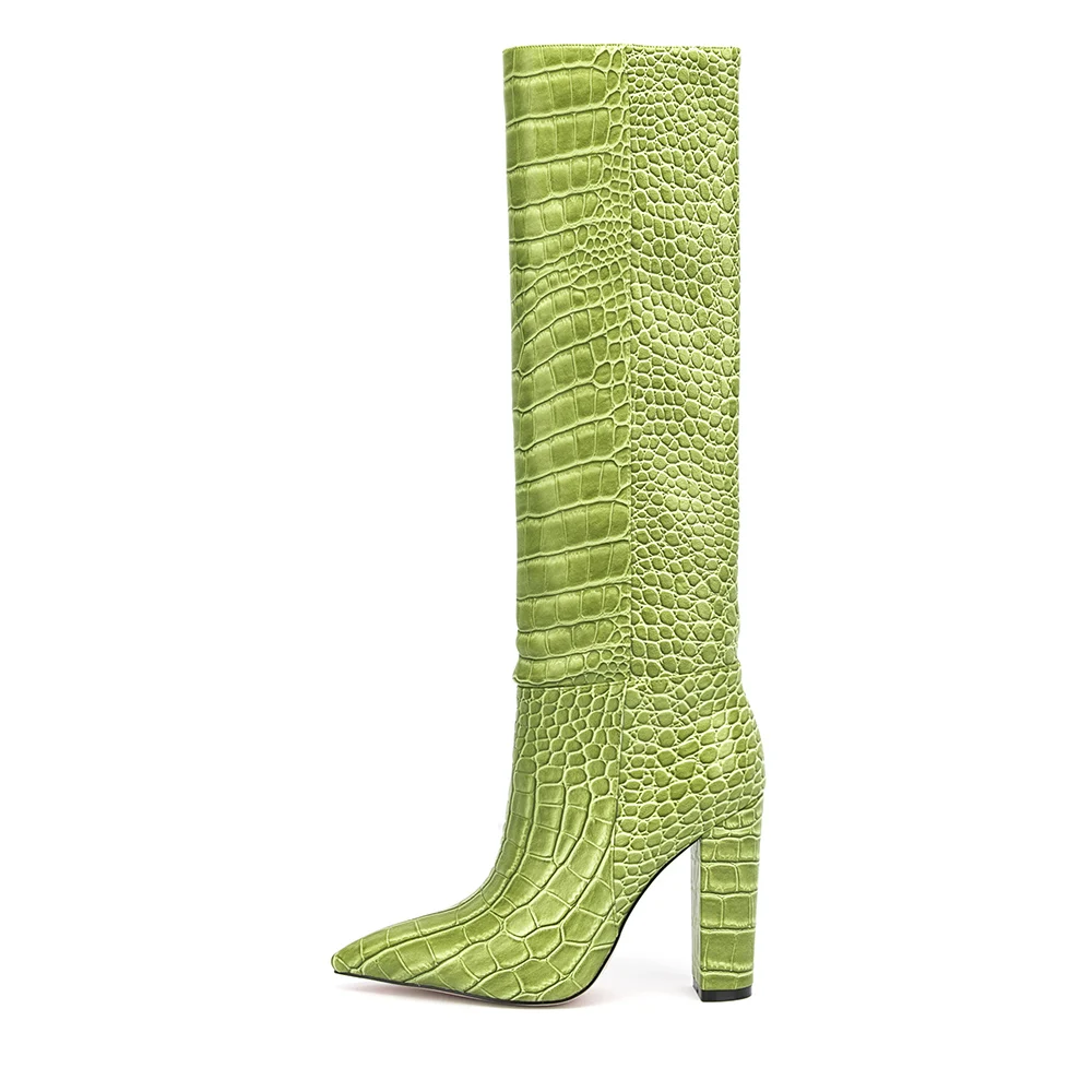 

YPP 2023 Crocodile Print Crude Heel Green Pointed Toe Ladies Shoes Plush In High Heel Warmest New Style Women Long Boots
