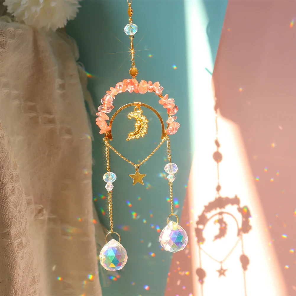 

Wind Chime Crystal Light Catcher Natural Stone Star Moon Prism Hanging Ornaments Metal Frame Lighting Ball Jewelry Curtains