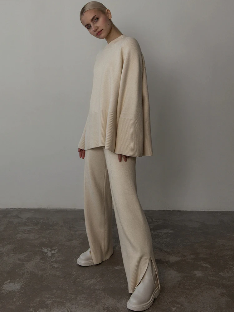 

Осенне-зимние толстые теплые свободные пуловеры с длинным рукавом оверсайз и мешковатые вязаные брюки с высокой талией и разрезом женские комплекты из двух предметов свитера