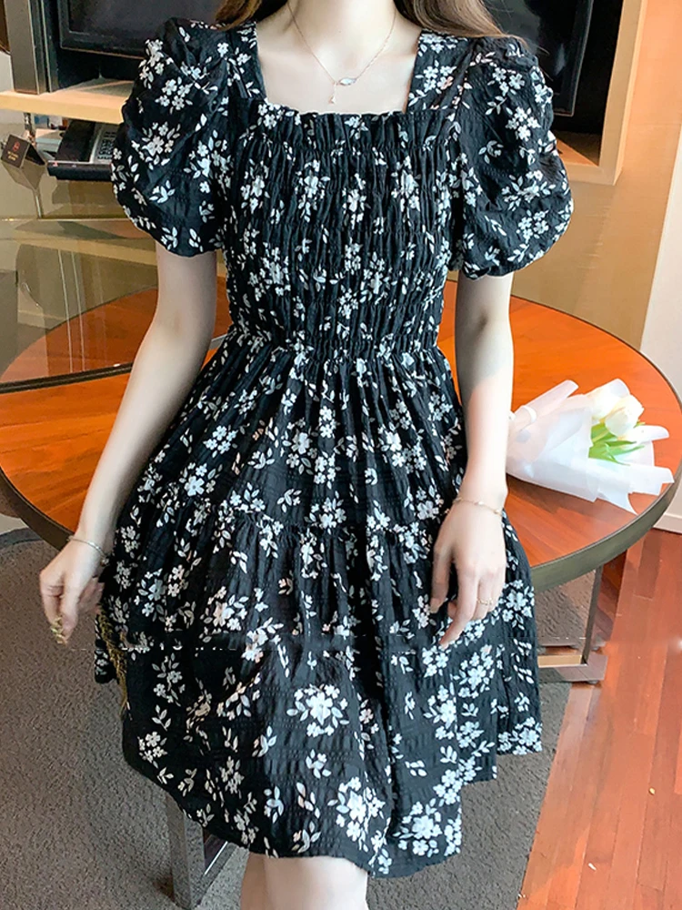 

Elegant Square Neck Bubble Sleeve Printed Dress Slim Fit A-Line Dress 2023 Summer New Fashion Women'S Clothing