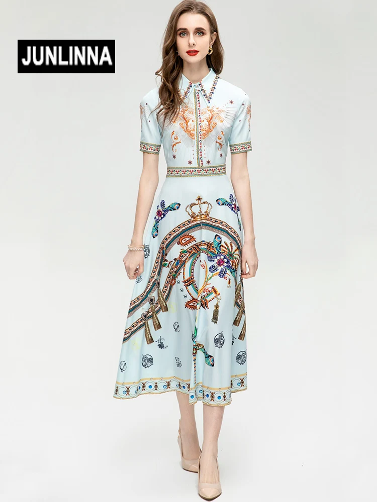 

JUNLINNA 2023 Spring Summer Dress Women Turn-down Collar Short Sleeve Printed and Beading Waist-closing Midi Vestidos