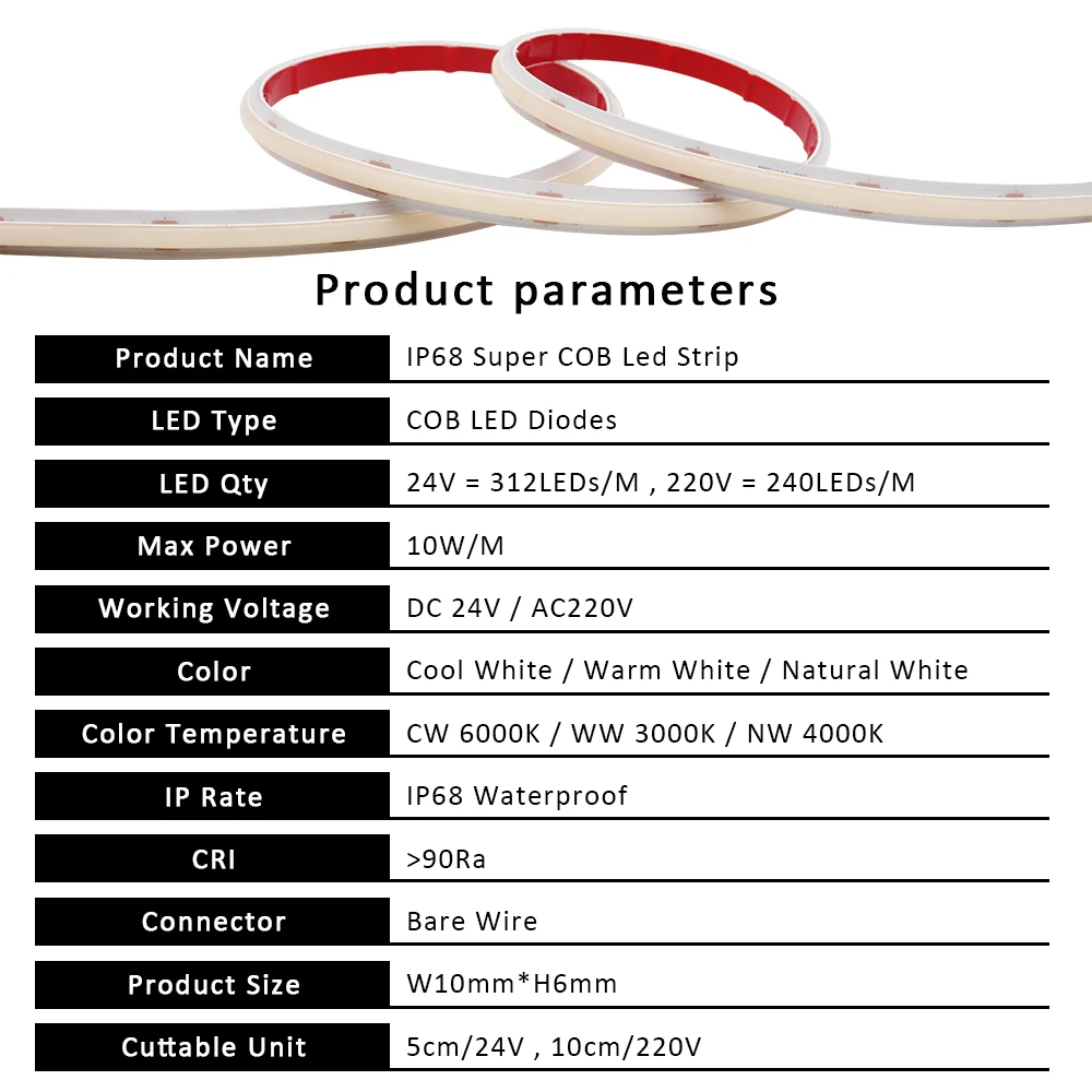 Фото AC 220V COB Strip DC 24V 312Leds/m IP68 Водонепроницаемая 3000K 4000K 6000K Гибкая лента Светодиодный светильник Диодная лента Лампа Линейное освещение №2