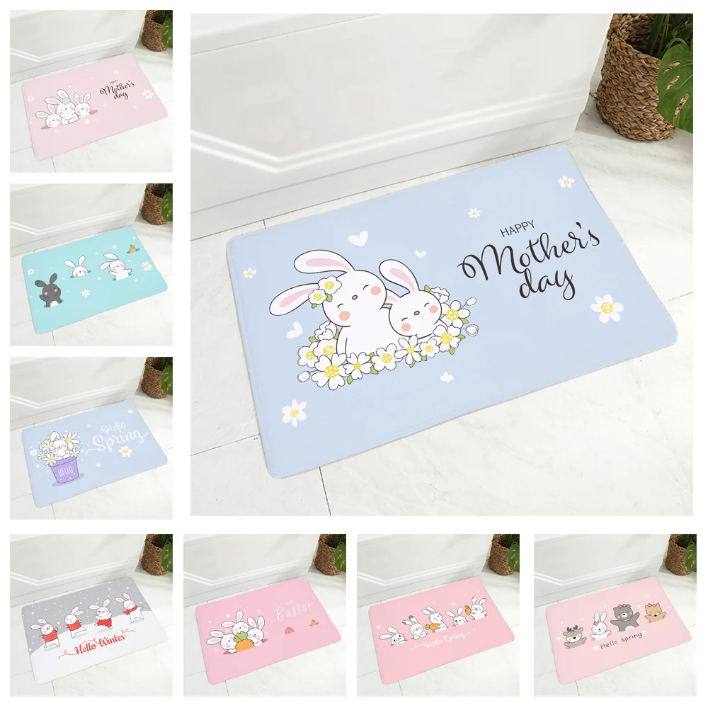 

Cute Cartoon Rabbit Doormat Non-Slip Printed Soft Flannel Carpet Decor Happy Holiday Floor Door Mat for Hallway 40x60cm Carpet
